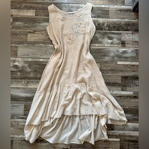 Linen Cream High Low Dress with Floral/Sequin Detail